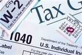 Collage of tax forms (Form 1040, W-2) Calendar