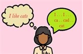 Broca's Aphasia graphic, woman thinking, "I like cats," but saying gibberish.