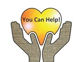 Two brown linen textured hands holding gold heart with the words, "You Can Help!'