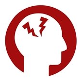 Red/white silhouette of head with red pain symbols 