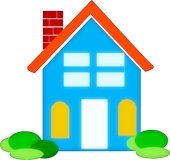 illustration: colorful 2-story house - trees - scrubs