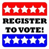 Red-Blue stripes - white stars - "Register to Vote!"
