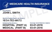 New sample red, white and blue Medicare Health Insurance card for "John L Smith" with medicare number & Hospital part A and Medical Part B dates.