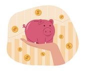 Piggy bank with floating money in background clipart