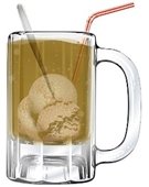 image of root beer float in mug with straw and spoon.