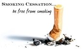 Crushed cigarette butt with caption, "Smoking Cessation...be free from smoking."