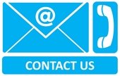 White text, "Contact Us" on blue background, with email and phone icons