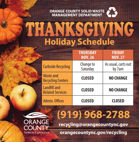 Thanksgiving Schedule, no change in service.