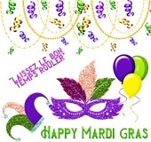 "Happy Mardi Gras" - masks - balloons - confetti - jester's hat