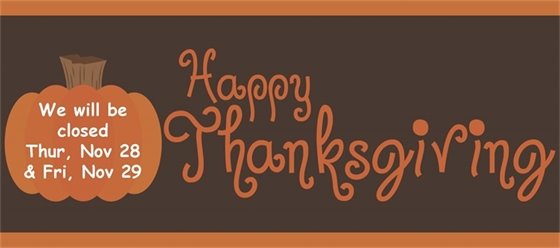 We will be closed on Thursday, Nov. 28 & Friday, Nov. 29. Happy Thanksgiving! (pumpkin on brown background.