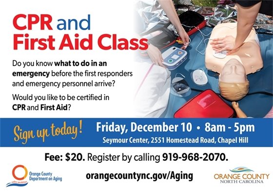 CPR/1st Aid, 12/10/21, 8a-5p, $20, call 919-968-2070 (Image, CPR dummy, first aide equipment)