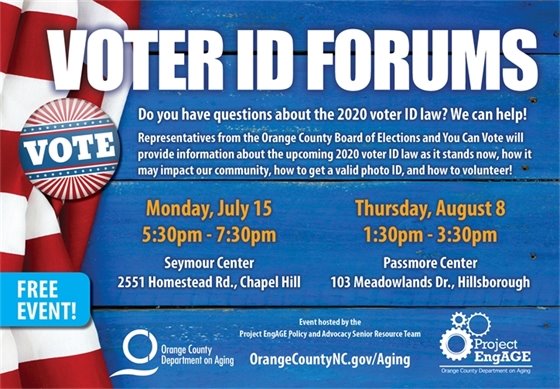 VOTER ID FORUMS: Seymour Ctr., 7/15/19, 5:30-7:30p; Passmore Ctr., 8/8/19, 1:30-3:30p. Questions about the 2020 voter ID law? We can Help!