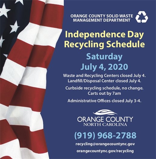 The administrative office will be closed July 3rd.  The waste and recycling centers will be closed July 4th.  Curbside recycling will be collected as usual.