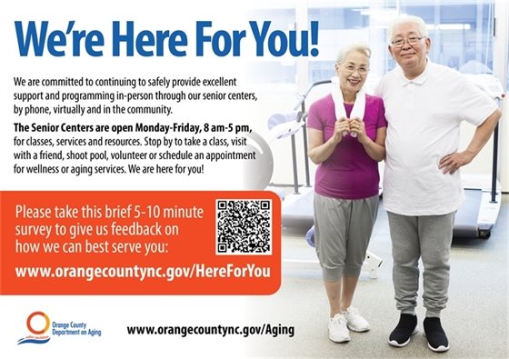 "We're Here for You!" Image - elderly Asian couple in exercise studio.