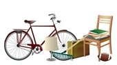 graphic illustration: bike, rake, lamp, suitcase, chair, books, ball.