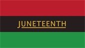 Red, black and green flag with "JUNETEENTH" spelled in gold.