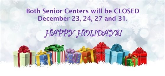 Snowflake background-holiday packages-text, "Senior Centers CLOSED Dec. 23, 24, 27 & 31. Happy Holidays!"