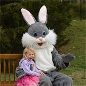 Girl on bench with Egg Hunt Bunny