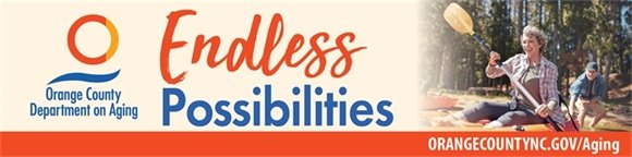 Department on Aging logo, "Endless Possibilities" text, url, and older couple canoeing.