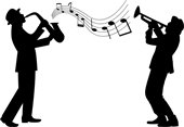 silhouettes of two jazz musicians - saxophone - trumpet - jazz notes 