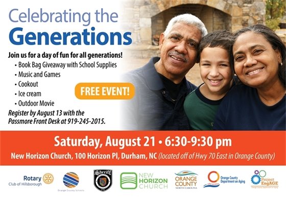 Celebrating the Generations Event, 8/21/21, call 919-245-2015 by 8/13.