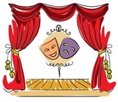 Clipart of Theatre Masks floating above a stage with red curtains