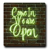 brick wall - "Come In We're Open" in bright lights