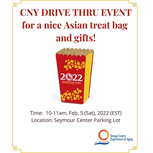 Chinese New Year Drive Thru Event 2/5/22, 10-11am; image: red popcorn box, "2022 Year of the Tiger"