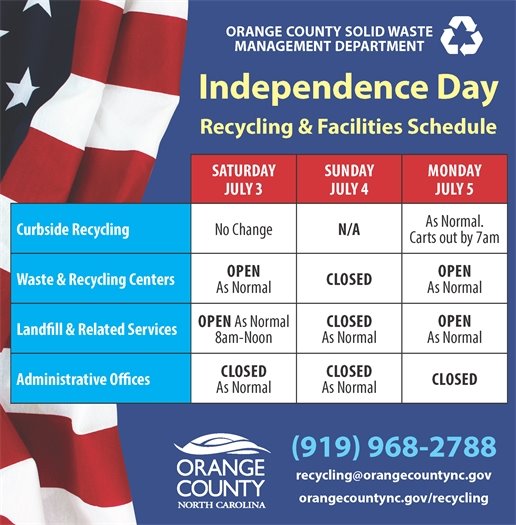 No change to curbside recycling.  Waste and Recycling Centers and Landfill closed on Sunday, July 4th.  Administrative Offices closed on Monday, July 5th.