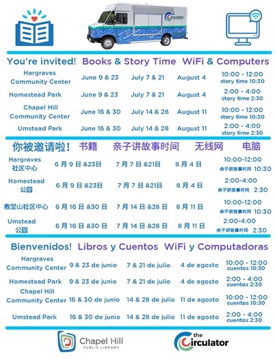You're invited! Books and story time. Wifi and computers. Hargraves community center, Homestead Park, Chapel Hill Community Center, and Umstead Park.