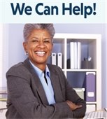 "Questions about Medicare? We can help! Photo of African-American woman in office setting.