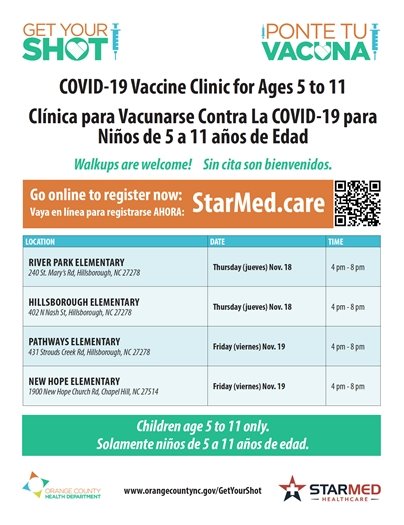 Orange County Schools Pop-Up Clinics for 5 to 11 year-olds