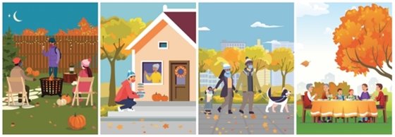 4-panel Fall graphic: Campfire - Porch Visit - Walking Dog - Outdoor Holiday Meal