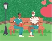 2 men talking - 1 younger in medical scubs - 1 elderly - park bench - talking 