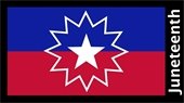 "Juneteenth" in black text with white star on red, blue, and black flag