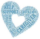 Heart shaped word cloud. Text, "Caregiver, Support, Self-help, Help, Education, Skills)