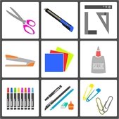 Grid with various craft supplies (i.e., scissors, ruler, glue, paint, paper)