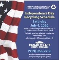 The administrative office will be closed July 3rd.  The waste and recycling centers will be closed July 4th.  Curbside recycling will be collected as usual.