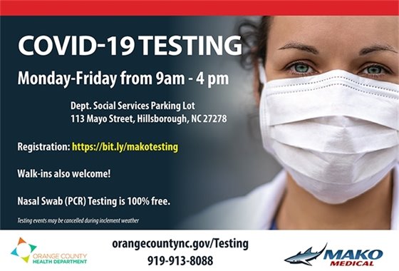 Health professional w/mask - Covid Testing DSS, Hillsborough, NC, M-F; 9a-4p