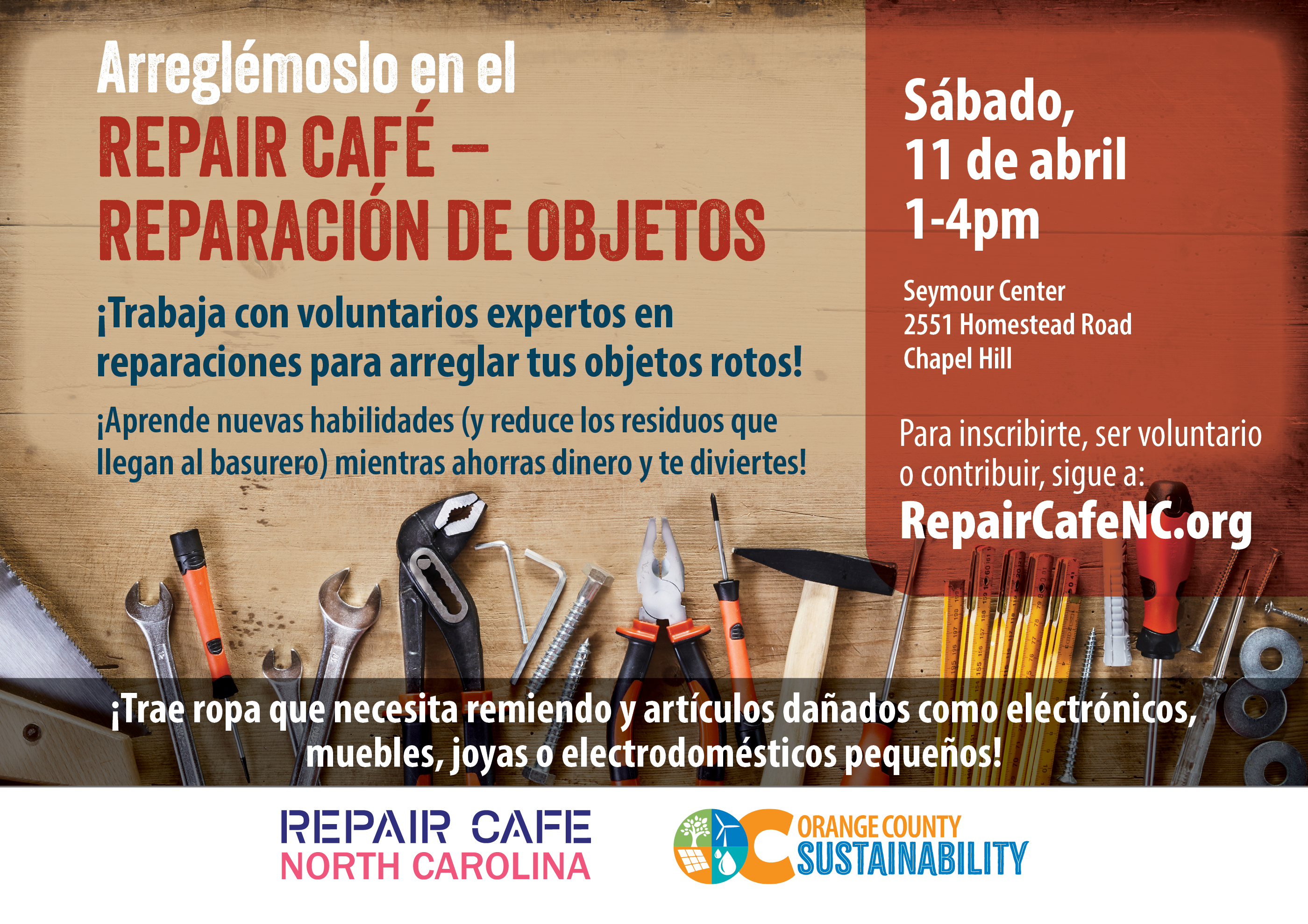 Spanish flyer for “Arreglémoslo en el Repair Café – Reparación de Objetos.”