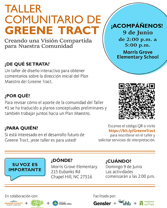 Greene Tract Community Workshop 2 Flyer in Spanish