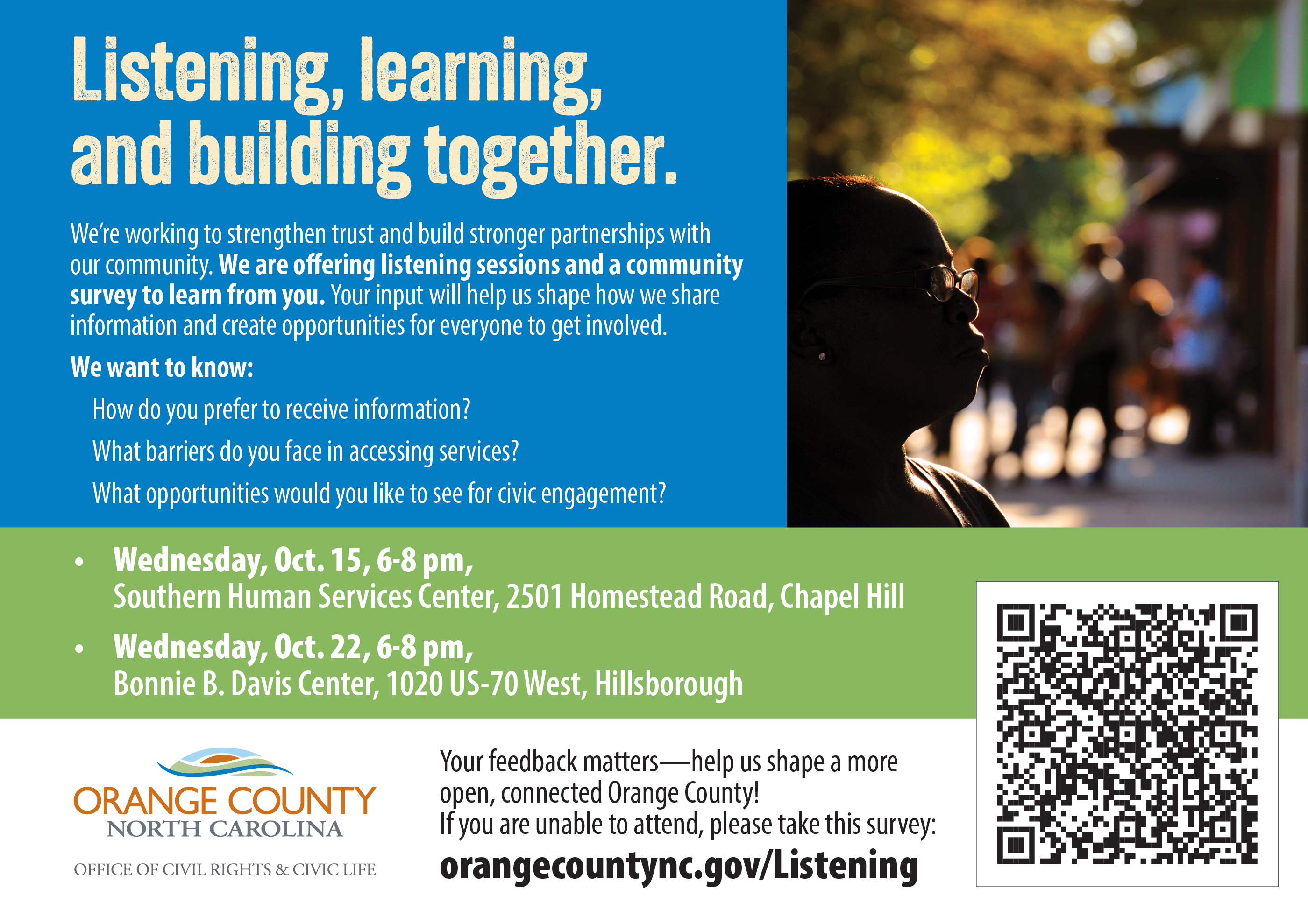 Flyer for Orange County listening sessions, Oct. 15–22, hosted by Civil Rights & Civic Life.